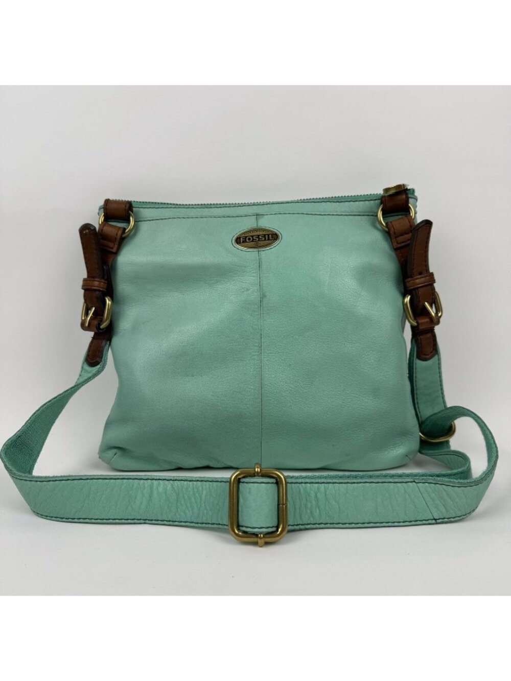 Fossil Mint Green Shoulder Cross Body Cowhid Leather Bag with Multiple Pockets